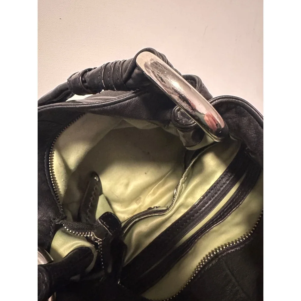 B. Makowsky Y2K Black Leather Hobo Bag Brown Whipstitch Silver‎ Ring Hardware